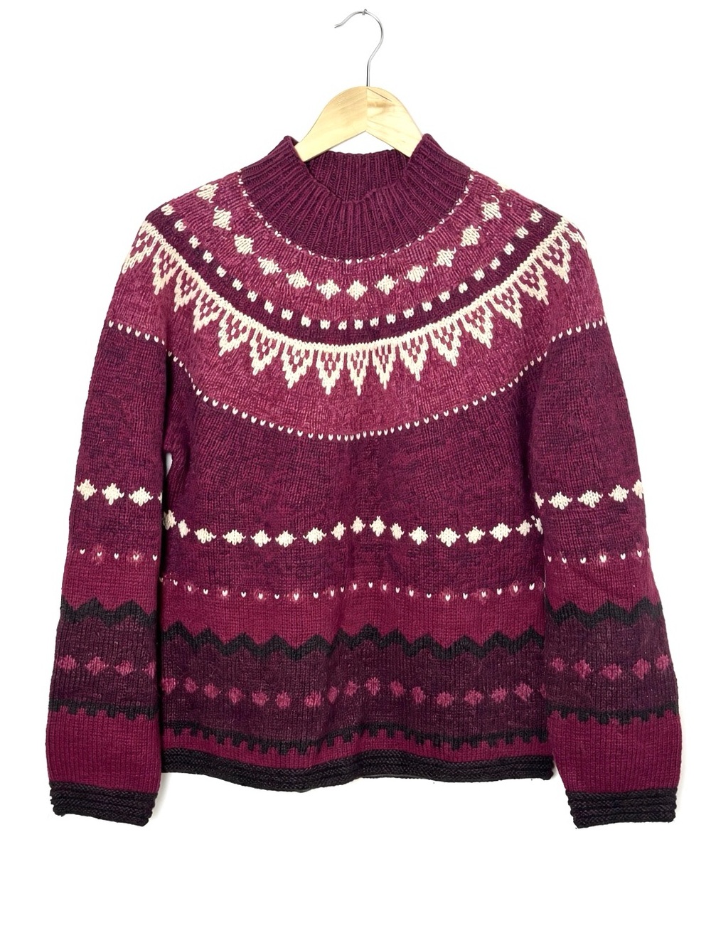 Vintage Lands’ End 100% Wool Fair Isle Yoke Sweater M Rich Pink Nordic Mock Neck